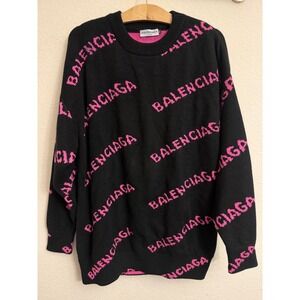 Balenciaga Paris Reversible Allover Logo Knit Sweater Black Pink XXL